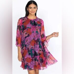 Johnny Was Floral Ruffle Silk Dress - Pink, Red, Green and Purple, M. NWT.